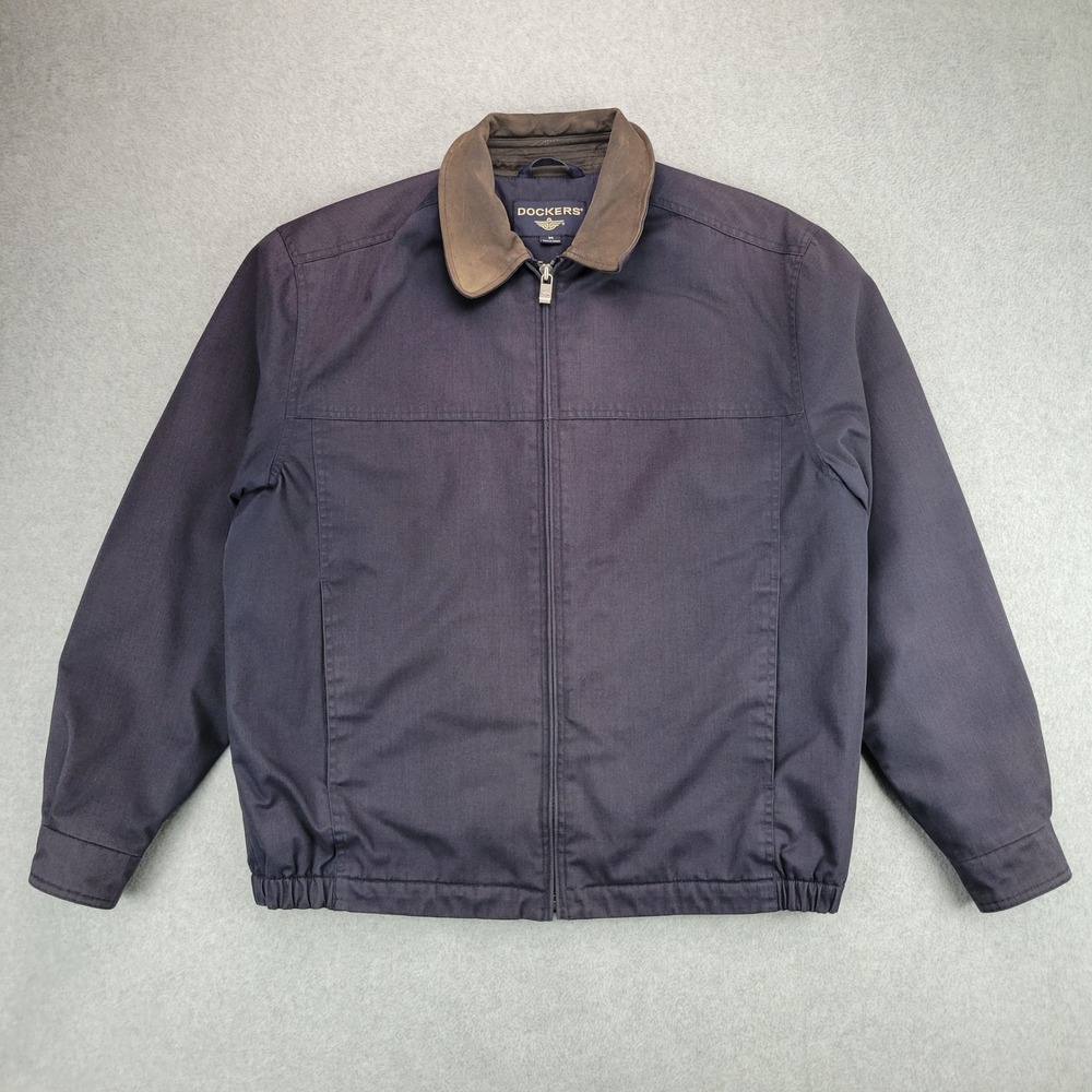 Dockers Harrington Jacket Mens M Navy Blue Leather Collar Plaid Lined 04360SK